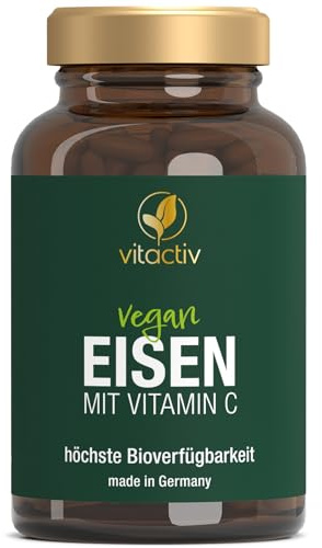 VITACTIV Eisen mit Vitamin C, 20 mg Eisenbisglycinat, vegan, 180 Kapseln | Ohne den typischen Eisengeschmack, 1 Kapsel täglich für 6 Monate, mit Hagebutten-Extrakt, 142 % des Referenzwertes