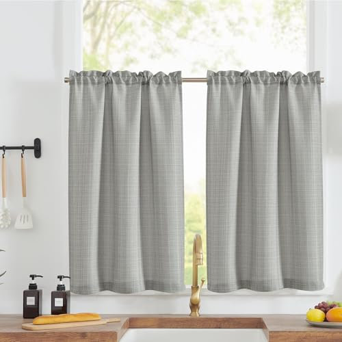 TOPICK Scheibengardinen Küche Dunkelgrau Bistrogardine mit Tunnelzug Modern Gardinen Kurz Blickdicht Leinenoptik Küchengardinen für Kleine Fenster Wohnmobil Küchenfenster 2er Set 90H x 70B cm