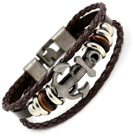 Apocalyptic-K Geflochtenes Herren Lederarmband, Edelstahl Inspirationsarmband(21CM/8.25Zoll ), Magnetverschluss, Geschenke für Männer, (Jahrgang - Anker)