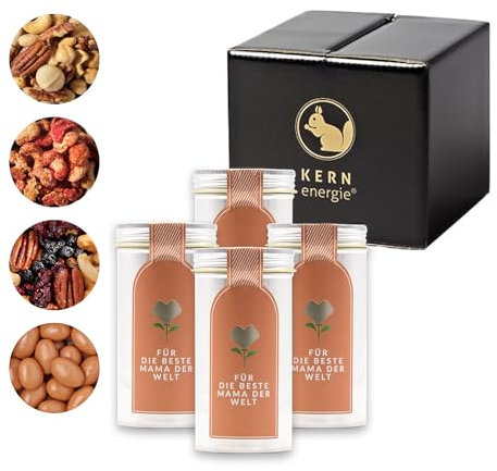 KERNenergie edles Nussgeschenk Set | 4 Nussmischungen und schokolierte Nüsse in 90g Aludose | in praktischer Geschenkbox | für Mama und Papa | Muttertag