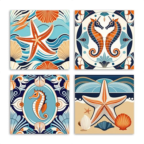 emmena - Set Quadri da Parete - Fantasie Marittime Astratte - Composizione di 4 Quadri 30x30 cm