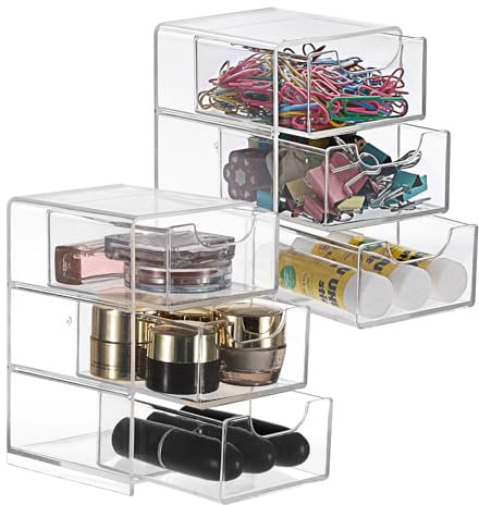 SUMTree 2 Pcs Clear Acrylic Drawers with 3 Layers Stackable Storage Drawers Desktop Small Drawers Storage Unit, Small Chest of Drawers for Stationery, Cosmetic, Bathroom, Crafts, Jewelry, 7.9*8.9*13cm