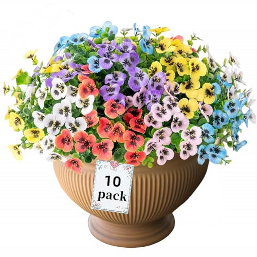 10 Bundles Artificial Flowers Outdoors Pansy Plants Fake Flowers Decor Eucalyptus Artificial Grass Shrubs Bushes UV Resistant Plastic Flowers Fern for Garden Porch Home (Red+White+Yellow+Purple+Blue)