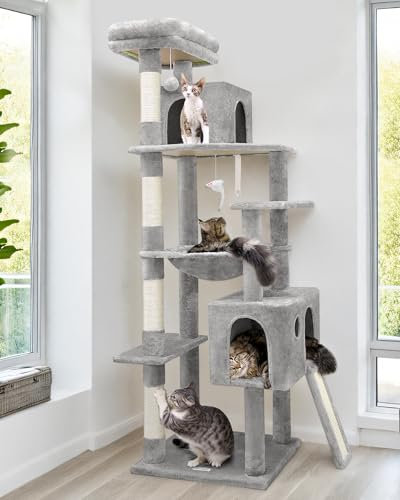 Globlazer Rascador para Gatos Grandes, Árbol Rascador Alto 178 cm con Hamaca Grande Nidos Percha Tabla Rascar Sisal Peluche Juguetes, Estable Torre para Gatos Adulto Interior (F70 Pro, Gris Claro)