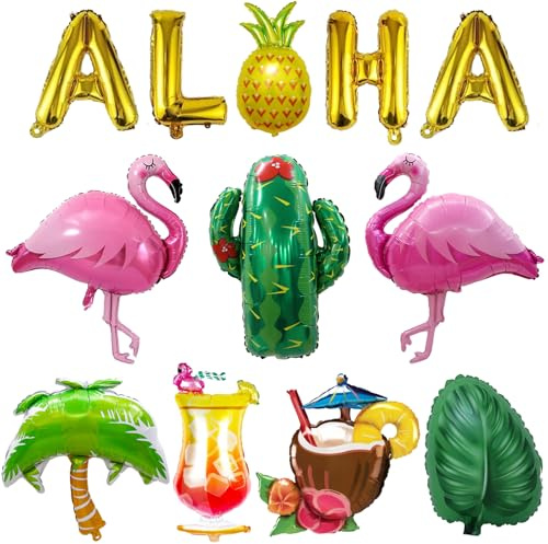 LMSHOWOWO 12PCS Hawaii Party Deko Ballons, Hawaii Party Folienballon, Folienballon Flamingo Ananas kokosnuss, ALOHA Banner, Flamingo Party Dekoration, für Tropical Sommerparty Pool Beach Geburtstags