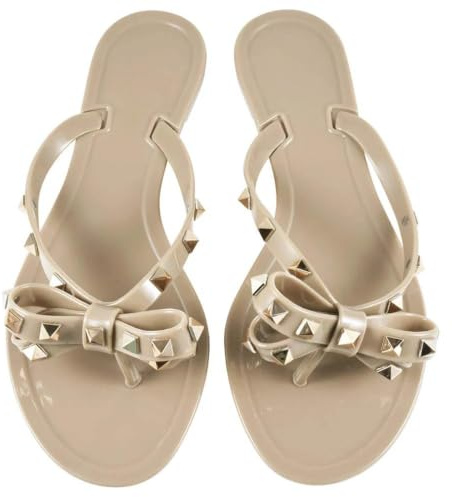GMGQJST Schlappen Nieten-Flip-Flops, Nieten-Jelly-Zehensandalen mit Schleife, Sommerschleife, Flache Strand-Regenstiefel(Khaki,39)