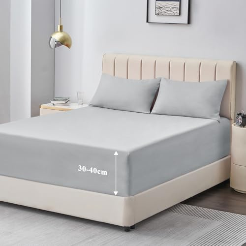 Aisbo Spannbettlaken 180x200cm Bettlaken Boxspringbett - Bett Laken Hellgrau 180x200 aus Premium Mikrofaser, weiches Spannbetttuch 180 x 200 Hellgrau Steghöhe 40cm für Wasserbett Bed Fitted Sheet