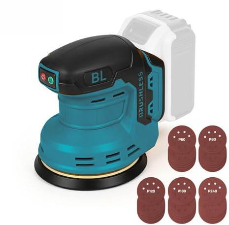 Akku-Exzenterschleifer kompatibel mit Makita, 125 mm, bürstenlos | 9700–19000 U/min – inkl. 25 Schleifpapiere und Staubabsaugung; ideal zum Schleifen und Polieren von Metall und Holz