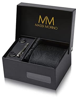 Cravate Hommes Paisley noir et mouchoirs de poche, boutons de manchette et Pinces à cravates | Coffret cadeau | Accessoires de Fete de Mariage
