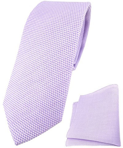TigerTie schmale Designer Krawatte Pique + Einstecktuch in flieder gemustert - 100% Baumwolle - Krawattenbreite 6 cm