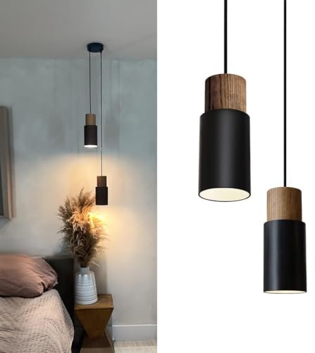 2-Flammige Holz Pendelleuchte Vintage Hängelampe Kücheninsel Hängeleuchte Retro Lampenschirm Industrial Für e27 Leuchtmittel Wählbar Esstisch Esszimmer Flur Restaurant Keller Untergeschoss,Schwarz