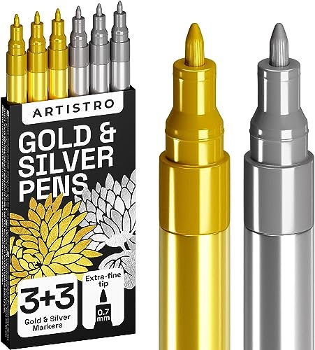 Artistro 6 Gold und Silver Metallic Acrylstifte Marker Set für Fels, Steine, Keramik, Glas, Holz, Stoff, Leinwand, Metall, Stiften auf Wasserbasis, Extra Feine Spitze 0,7 mm