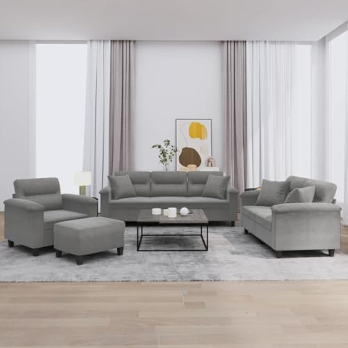Owoxanthellate Owox 4-TLG. Sofa-Set dunkelgrau Mikrofaser: Sessel 90×77×80 cm, 2-Sitzer 150 cm, 3-Sitzer 210 cm, Hocker 60×50×41 cm, Holz-Metall-Gestell, für Wohnzimmer/Büro