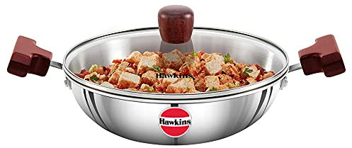 HAWKINS 1.5 Litre Deep Fry Pan, Triply Stainless Steel Kadai with Glass Lid, Flat Bottom Induction Kadhai, Small Kadai, Silver (SSD15G)
