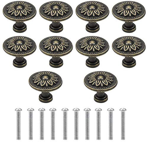 NATUCE 10PCS Antique Bronzy Flower Round Cabinet Knob, 32MM Vintage Drawer Knob, Kitchen Cabinet Cupboard Door Drawer Pull Knob, Retro Bronze Drawer Pull Handle, Hardware Knobs for Drawer Wardrobe