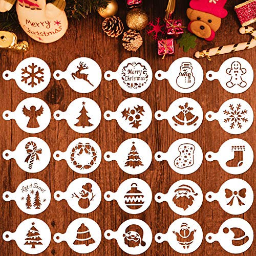 Qpout 25 Stück Weihnachten Kaffee Dekoration Schablonenset, Weihnachtsparty Keks-Fondant-Kaffee-Dekoration Prägeform, Weihnachtsmann Weihnachtsbaum Weihnachtsstrumpf Schneemann Plastik Vorlagen