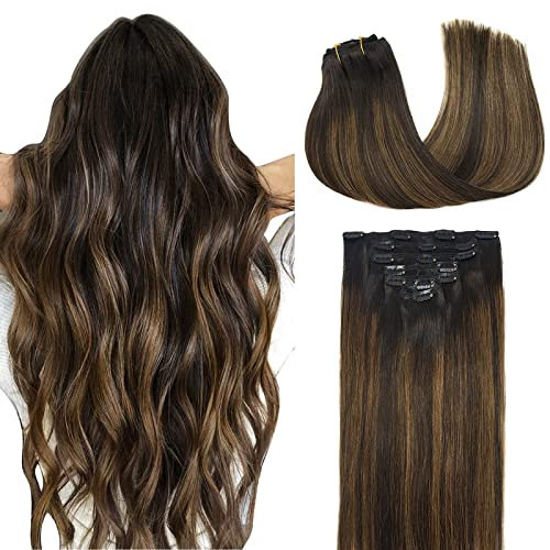 DOORES Clip in Extensions Echthaar, Balayage Dunkel Braun to Chestnut Braun Extensions Echthaar 35cm 14 Zoll 7 Stück 120g Remy Haarverlängerung Echthaar Natürliche Echthaar Extensions