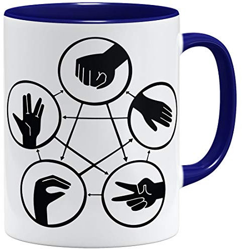 OM3® Hand Signs Big Bang Tasse à café | Tasse en céramique | 325 ml | Rock Paper Scissors Lizard Spock TBBT Nerd | Bleu foncé