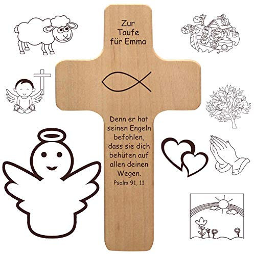 Taufkreuz mit individueller Gravur als Taufgeschenk für Jungen und Mädchen - personalisiert mit Name, Spruch, Motiv - Holz Kruzifix als Geschenk zur Taufe, Wasserweihe - Kreuz für Täufling