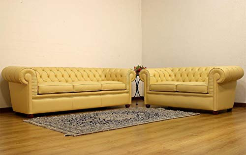 JVmoebel Design Chesterfield Sofa 3+2 Gelb Couch Polster Leder Sofas Wohnzimmer Sofa Neu
