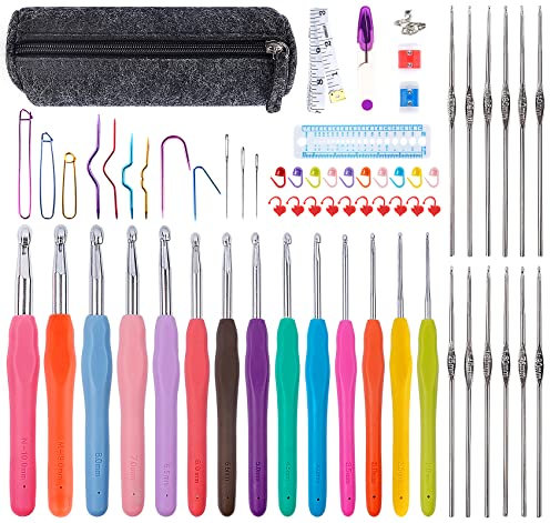 65 Stück Häkelnadel Set, ilauke Größe Häkelset für Anfänger Erwachsene Kinder, Häkel Set Stricknadeln mit Ergonomische Griff Häkel Zubehör Häkeltasche, Crochet von 2,0 mm bis 10,0 mm mit Tasche