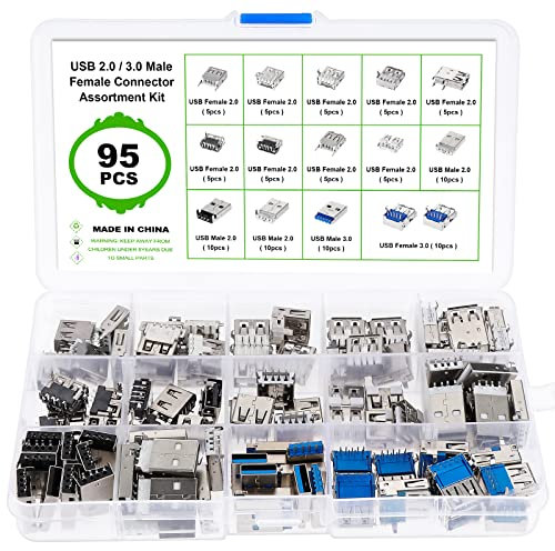 WiMas 95PCS USB 2.0 3.0 Typ A Männlich Weiblich Tecker Adapter Stecker, Löten von USB Typ A Buchsen Sortiment Kit Leiterplattenmontage DIY Lötersatzteile