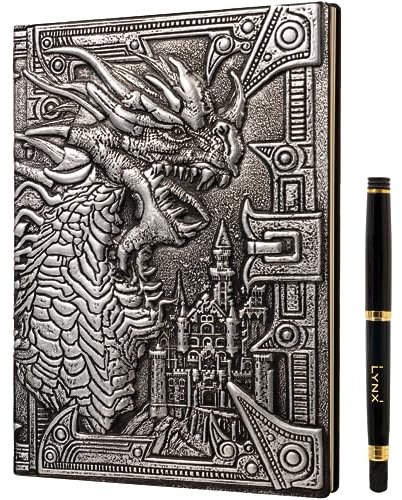 D&D Notizbuch – RPG Journal/Notebook mit 3D Silberner Drache Motiv im Kunstledereinband mit Stift. Notizbuch für Rollenspiele/Pen & Paper/DND Zubehör Fantasy-Geschenk Dungeons & Dragons Dungeon Master