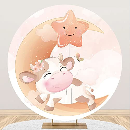 Aoihrraan 150cm Durchmesser Tier Runden Fotografie-Hintergrund Baby Kuh Mond Sterne Ballon Funkeln Verträumt Rosa Foto Hintergrund Pro Babydusche Kind Geburtstag Tabelle Kuchen-Smash Party Requisiten