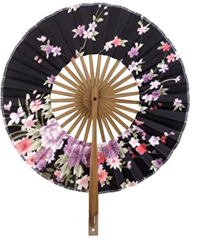 Tiuimk Japanese Fan Art Deco Round Silk Fabric Bamboo Fan Foldable Hand For Women Wedding Party Home Decorations Black