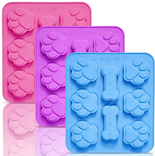ANAEAT 3 Pack Silicone Molds with Puppy Dog Paw and Bone Shaped 2 in 1, Reusable Non-Stick Ice Cube Trays & Flexible Candy Chocolate Molds for Homemade Dog Treats, Pudding, Jelly & Baking Biscuits