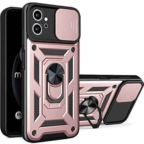 ESTH® Case for Motorola Moto G32 with Slide Camera Cover, Military Grade Shockproof Protective Cover with Rotatable Metal Ring Kickstand [Support Magnetic Car Mount], Rose gold