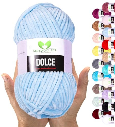 MeriWoolArt Chenille Garn zum Stricken und Häkeln Babyblau - 100 g und 120 m Samt-Wolle - 100% Flauschige Polyester Strickgarn für Amigurumi Kissen Decken weiche Kleidung Geschenke
