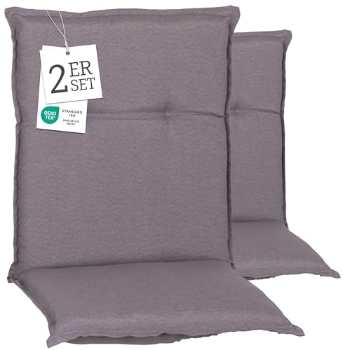 Beo Niedriglehner Auflagen 2er Set Wasserabweisend Turin | Made in EU Premium-Qualität | Gartenstuhlauflage UV-beständig und waschbar | Atmungsaktive Stuhlauflage Niedriglehner in Grau