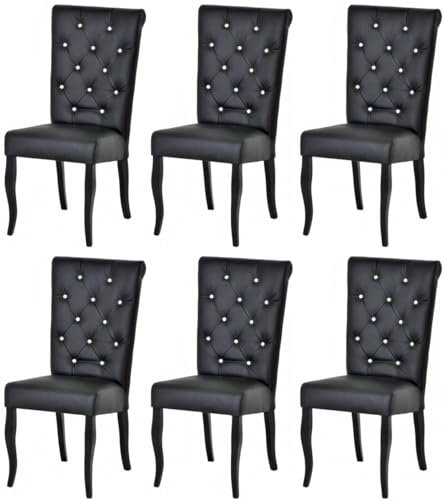 Casa Padrino Chesterfield Neo Barock Esszimmer Stuhl 6er Set Schwarz/Schwarz - Kunstleder Küchenstühle mit Glitzersteinen - Esszimmer Möbel - Chesterfield Möbel - Neo Barock Möbel
