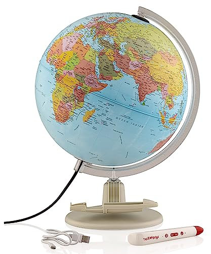 Tecnodidattica – Parlamondo | Globe terrestre interactif pour petits et grands | Lumineux et pivotant | Stylo audio-musical | 6 langues disponibles | Cartographie politique | Diamètre 30 cm