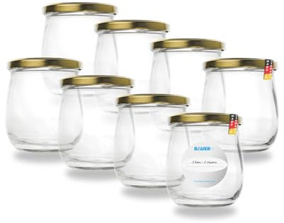 Flaschenbauer 417ml Premium Einmachgläser, 8 x vielseitige Konservengläser mit TO82 Twist-Off Deckel, inklusive Etiketten - für Marmeladen, Honig, Obst, Gemüse - Diverse Farben & Sets [Gold]