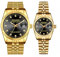 JewelryWe Paar Uhren Edelstahl Wasserdicht: 2pcs Datum Kalender Analog Quarz Pärchen Armbanduhr Gold Edelstahl Armband Partner Freundschaft Uhr mit Leuchtzeiger und Schwarz rundem Zifferblatt
