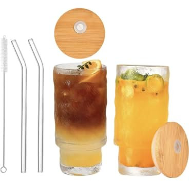 LasamTee Taza de cristal, vasos con tapa de bambú y popotes, tazas de vidrio para café helado, cristalería transparente, paquete de 4, vasos de cóctel, tarros de vidrio (vidrio esmerilado)