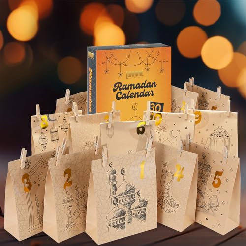 Lunarae Ramadan Geschenktüten Set I 30 Stück Kraftpapier Tüten mit orientalischen Designs I Ideal für Ramadan Kalender & Dekoration I 21,5x16 cm mit Klammern I Wiederverwendbar & Umweltfreundlich