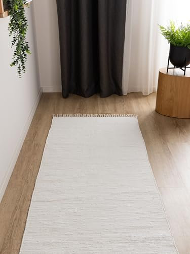 Interiyou Toledo Teppich aus Baumwolle - 80x250 cm Weiß - Handgewebter Teppich mit Fransen für Wohnzimmer, Schlafzimmer, Kinderzimmer, Esszimmer, Küche oder Flur