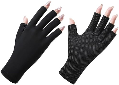 Frauen UV Sonnenschutz Handschuhe,UV-Schutzhandschuhe für Maniküre,Sommer Ice Silk Atmungsaktive Eis Seide Sunblock Handschuhe Halbfinger für Reiten Golf Angeln Radfahren Gel Nägel (Schwarz)