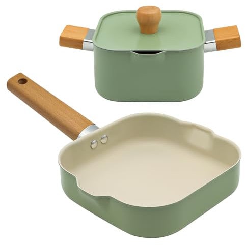 Justup Pot and Pan Set, 2-Piece Cookware Set with Wooden Handle, Pots and Pans for Cooking with Universal Lid, Small Pot Mini Pan Non-Stick Frying Pan Soup Pot, for All Hobs (Green)