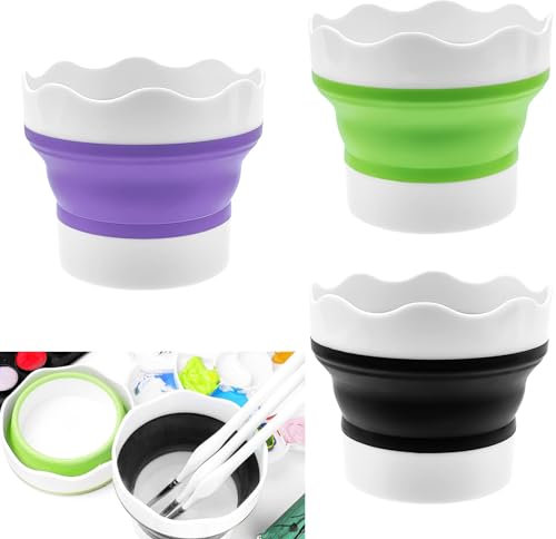 3 Pcs Collapsible Paint Brush Washer Silicone Portable Painting Water Cup Mini Foldable Washing Bucket Brush Holder Organizer Cleaner for Watercolor Oil Painting (Black+Purple+Green)