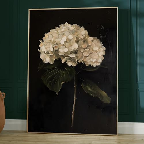 Hortensie Leinwand-Kunst, dunkles Akademie-Blumendruck, Vintage, schwarz-weiß, botanische Blume, Wandkunst, antikes Blumenposter, weiße Hortensien, Bild, stimmungsvolles Blumengemälde für Zuhause,