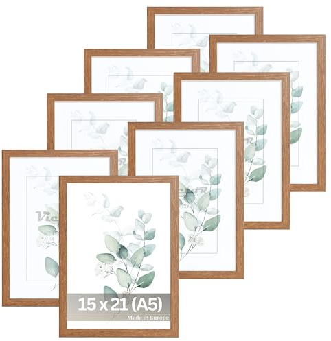 VictoR Bilderrahmen Dali 8er Set 15x21 cm (A5) braun | Fotorahmen Holz A5 - Bilderrahmen Set braun 15x21 - moderner Holzrahmen mit bruchsicherem Acrylglas