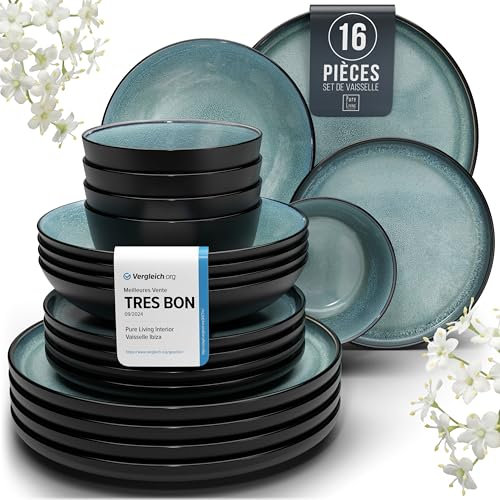 Steingut Geschirrset 4 Personen Ibiza 16 tlg. TESTSIEGER, Traumhaftes Mediterranes Steingut Geschirr Set, Schüssel- und Teller Set, Tafelservice 4 Personen, Geschirrsets Pure Living in Petrol