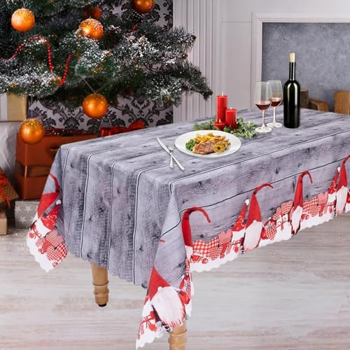 Weihnachtstischdecke Abwaschbar, 180 x 150 cm Rechteckige Tischdecke Weihnachten mit Wichtel Motiv für Wohnzimmer, Esszimmer, Party, Party Weihnachten Geburtstag Garten Küche Grau