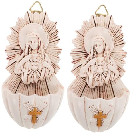 PRETYZOOM 2pcs Family Holy Water Basin Holy Water Vessel Holy Water Wall Mount Holy Water Bowl Crucifix Water Font Holy Water Wall Font Holy Water Font Wall Hanging Decoration Beige Resin