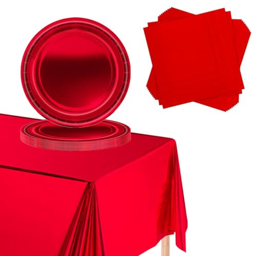 POPOYU 37Pcs Metallic Red Foil Party Tableware Set,Metallic Red Foil Dinnerset,RedFoil Table Cloth and Paper Plates,Napkins for Birthday,Chritmas,Wedding,Valentine's Day,Retirement Party Table Decor