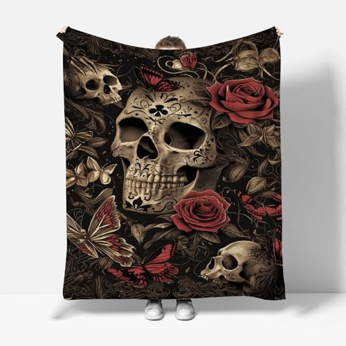 Kuscheldecke Fleecedecke Winterdecke Sofadecke Wohndecke Totenköpfe und Rosen Decke Druck Heimtextilien Dekoration Weich und Warm für Bett Sofa Schlafzimmer Büro - 70x100cm